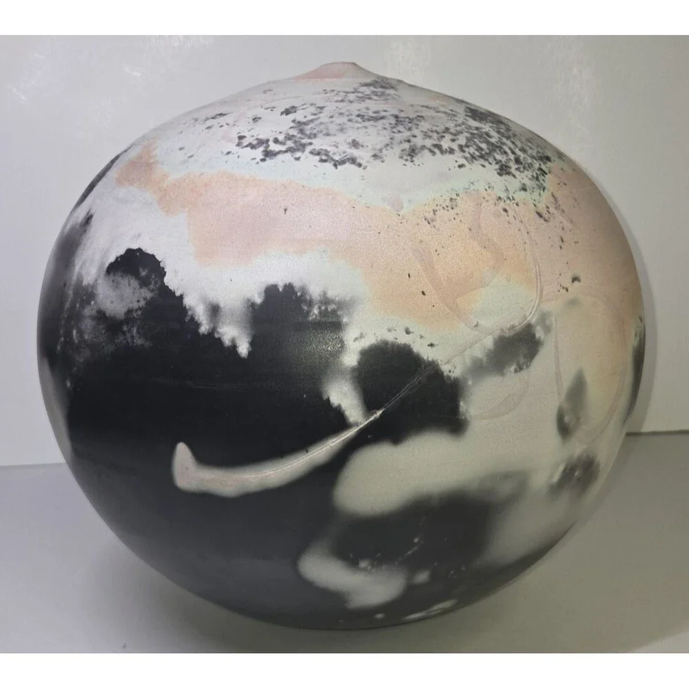 Ceramic Sphere Art Pottery Orb Signed Raku Round Sculpture Fire Pit Abstract
